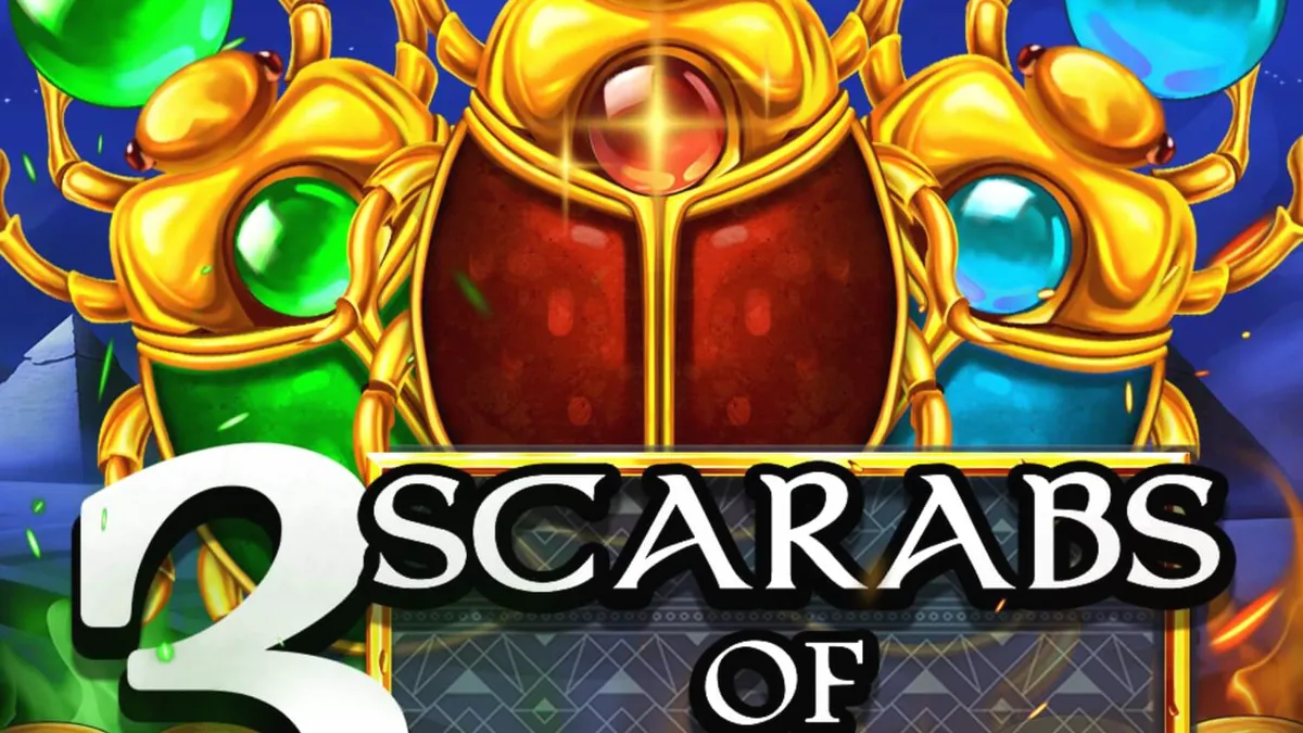 Tampilan visual mesin slot 3 Scarabs of Fortune dengan tema Mesir kuno