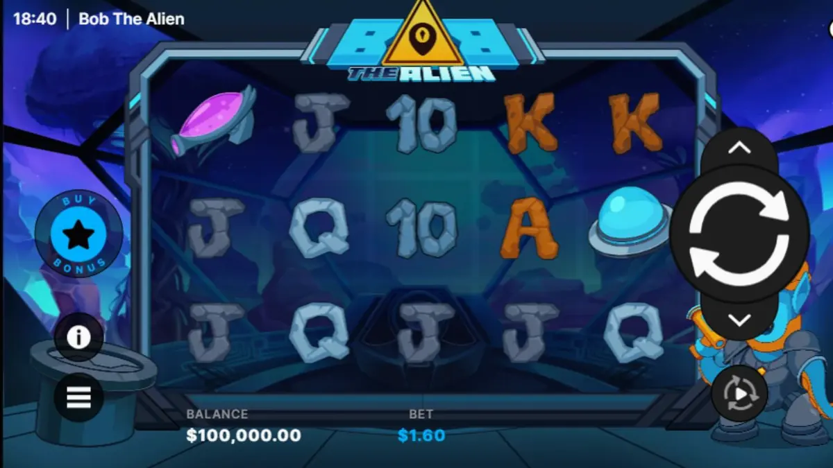 Tampilan visual neon cyberpunk dari slot Bob The Alien