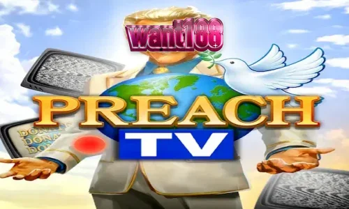 Tampilan layar permainan slot Preach TV dengan tema studio televisi retro